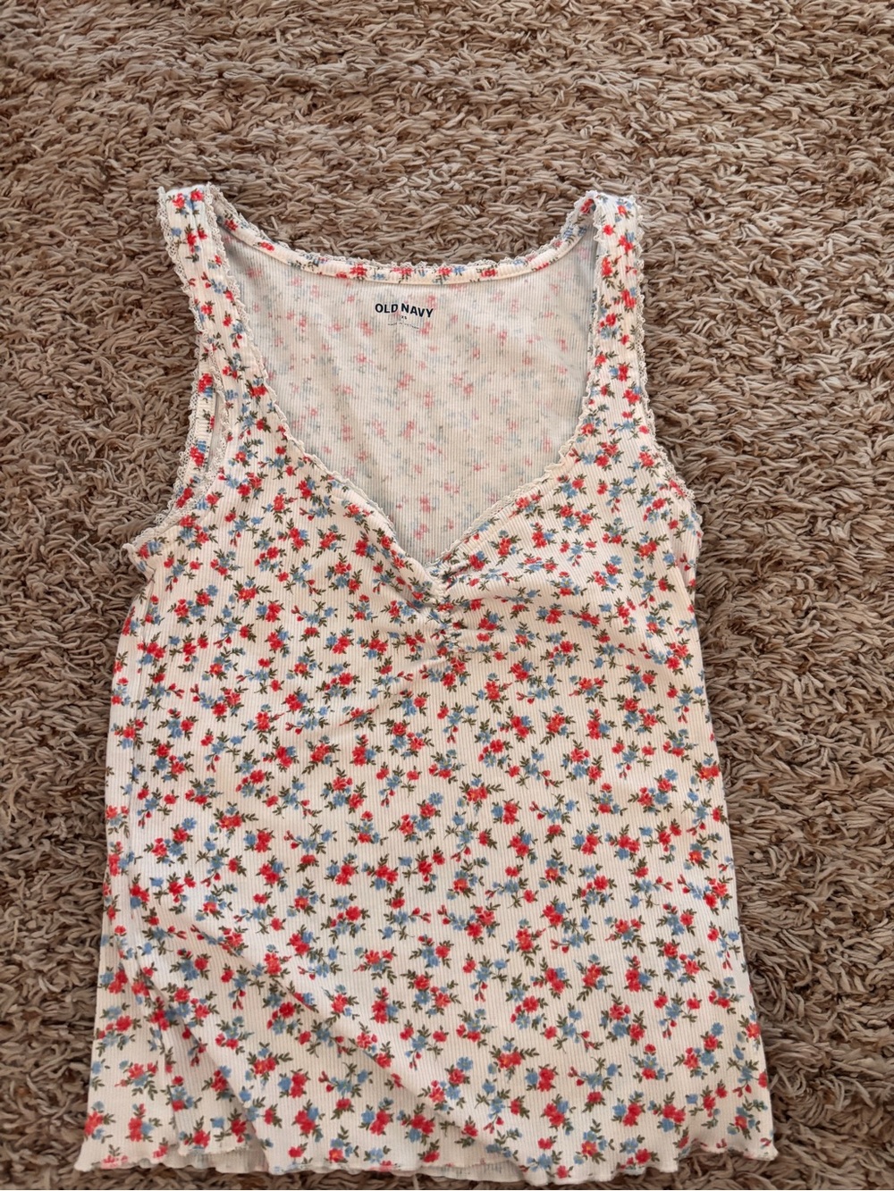 Old Navy Cream Floral Ribbed Tank with Red and Blue Flowers